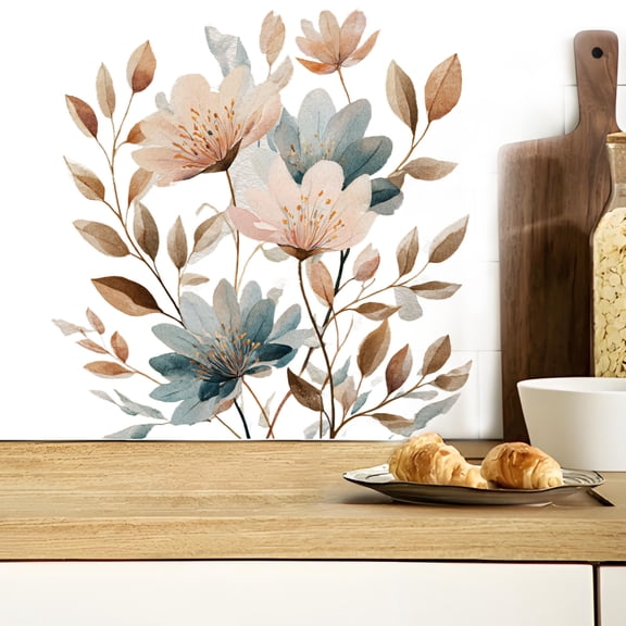 Watercolor Boho Floral Wall Decals, Peel & Stick Removable Flower Leaf Stickers, Aesthetic Home Decor for Kitchen, Living Room & Bedroom