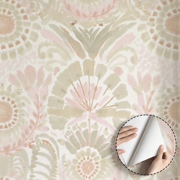 Watercolor Boho Floral Wallpaper Peel and Stick Waterproof, Modern Aesthetic Neutral Pink Beige Flower Wall Decoration for Living Room Bedroom Bathroom Kitchen Cabinet Dorm Room 17.7 * 118 in