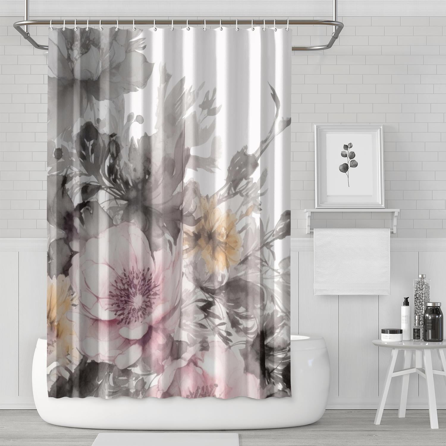 Watercolor Boho Flower Shower Curtains,Botanical Rustic Country Gray