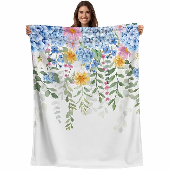 Watercolor Boho Flowers Throw Blankets, Eucalyptus Leaves Soft Fleece Blanket Decorative for Home Sofa Couch Chair Living Bedroom, 60x80 inches, Blue Green