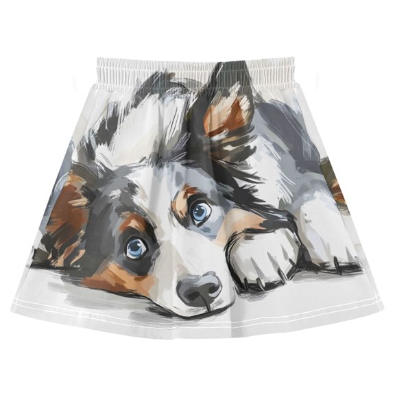 Watercolor Border Collie Cotton Skirt Built-in Liner Elastic A-Line Flared Skirt with Pockets
