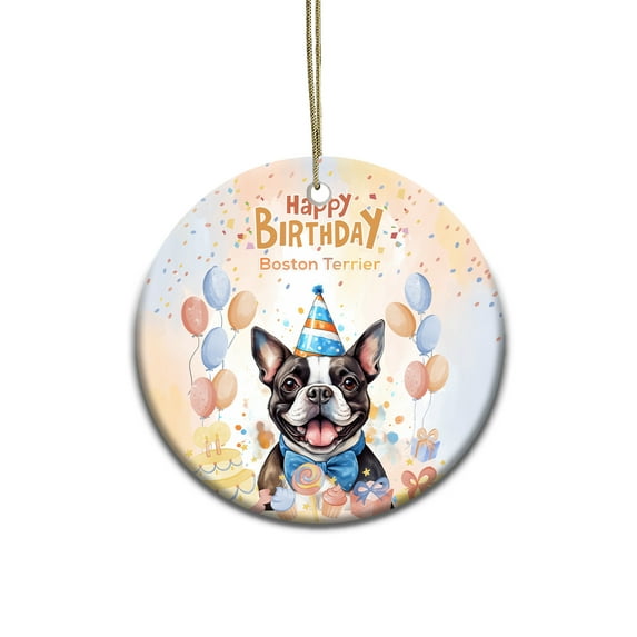 Watercolor Boston Terrier Happy Birthday Celebration Balloons Gift Party Ceramic Round Ornament Gentleman Dog Lover Gifts Home Tree Decor - 00028