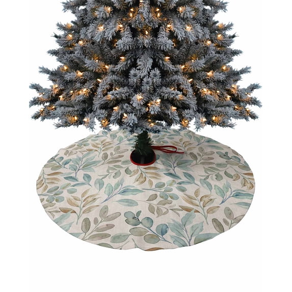 Watercolor Botanical Christmas Tree Skirt 48 Inches Large Christmas Skirt Tree, Blue Green Pastoral Leaf Rustic Tree Skirt Christmas Decorations for Fireplace Party Holidays Indoor Outdoor
