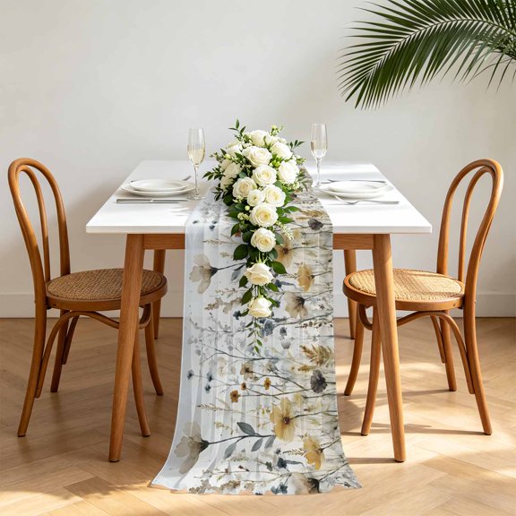 Watercolor Botanical Floral Chiffon Wedding Table Runner 120 Inches Long, Farmhouse Garden Voile Sheer Tulle Runner for Rustic Reception Bridal Shower Decorations Birthday Party