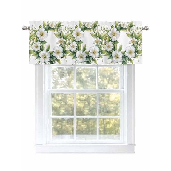 Watercolor Botanical Floral Curtain Valances for Windows, Spring Green Leaves Kitchen Valance Window Treatment, Light Filtering Block Curtains for Bathroom/Bedroom/Living Room 54'' x 18''