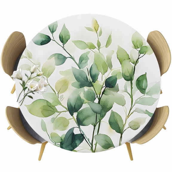 Watercolor Botanical Green Round Tablecloth 36-44 Inch Round Fitted Table Cloth with Elastic Edge, Eucalyptus Leaves Waterproof Table Cover Protector for Outdoor Picnic Party Dining