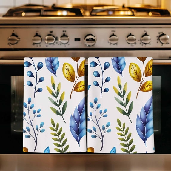 Watercolor Botanical Kitchen Towels Set of 4, Blue Yellow Leaves Floral Plants Spring Absorbent Dish Towels for Kitchen, Microfiber Hand Towel, Quick Drying Tea Towel for Cleaning Dishcloths