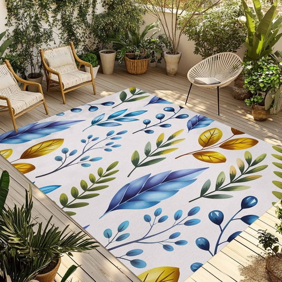 Watercolor Botanical Outdoor Rug for Patio/Deck/Porch, Non-Slip Large Area Rug 5 x 8 Ft, Blue Yellow Leaves Floral Plants Spring Indoor Outdoor Rugs Washable Area Rugs, Camping Rug Carpet Runner