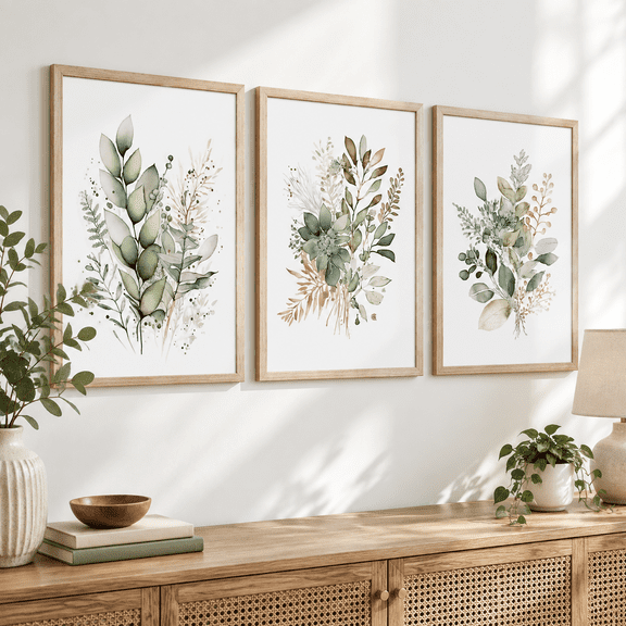 Watercolor Botanical Prints 12''x16'' Wood Framed Canvas Wall Art Set of 3