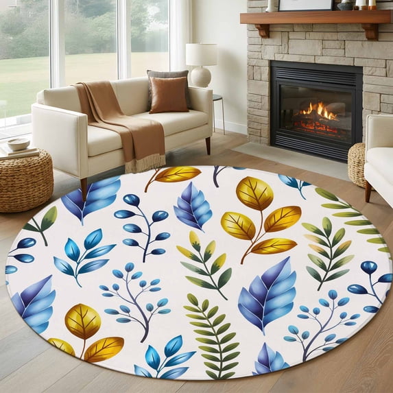 Watercolor Botanical Round Area Rug 7Ft Washable Circle Rugs for Dorm Laundry Room, Blue Yellow Leaves Floral Plants Spring Non-Slip Carpet Floor Mats Indoor Outdoor Carpet Runner Home Decor