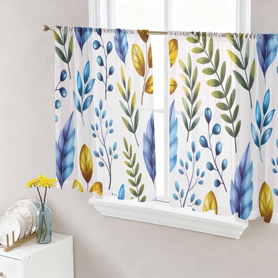 Watercolor Botanical Sheer Curtains 54 Inch Length 2 Panels Set Window Treatments, Blue Yellow Leaves Floral Plants Spring Rod Pocket Semi Curtains for Living Room/Bedroom/Kitchen, 104"W x 54"L