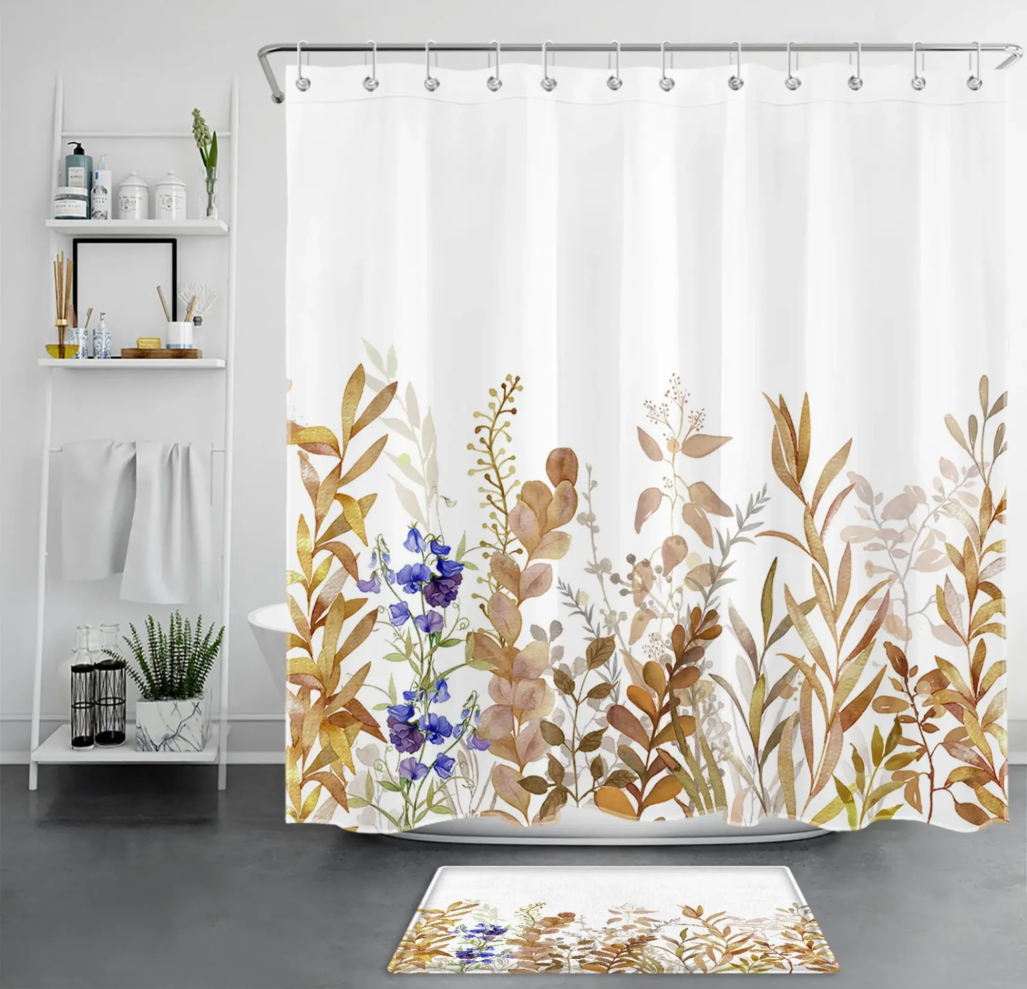 Watercolor Botanical Shower Curtain Set for Minimalist Bathroom Decor ...