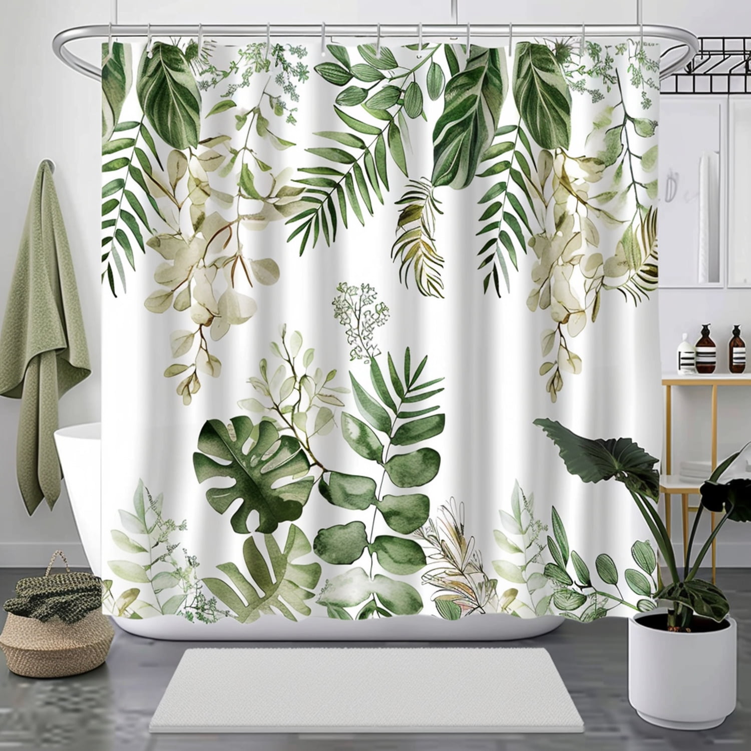 Watercolor Botanical Shower Curtain with Ferns Leaves Moss and Eucalyptus Design Modern Bathroom