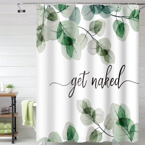 Watercolor Botanical Shower Curtains 72x72 Inch Get Naked Green Eucalyptus Leaves for Minimalism Bathroom Decor Fabric Waterproof Polyester Bath Curtain Accessories Set with Hooks