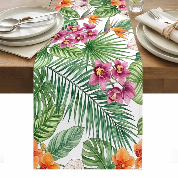 Watercolor Botanical Table Runner Tropical Monsteral Palm Leaves Flowers Tablerunners 18 x 72 Inch, Table Decorations Tabletop Scarf for Summer Gathering Holiday Farmhouse Kitchen Dining Decor