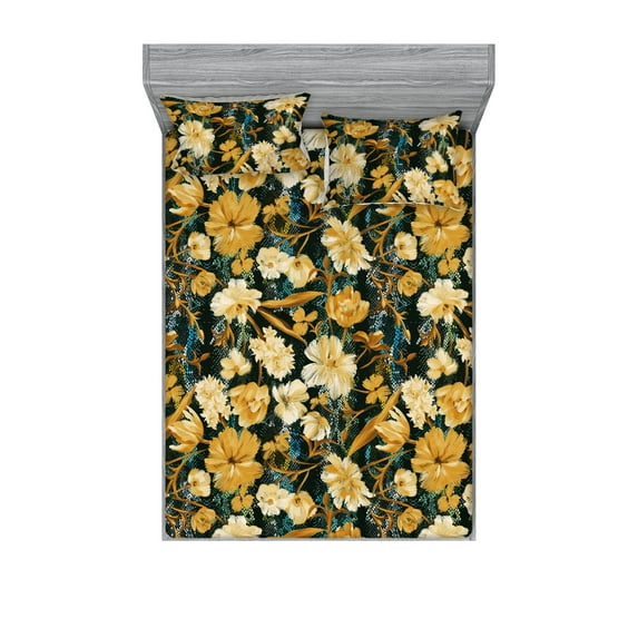 Watercolor Botany Fitted Sheet & Pillow Sham Set, Vintage Design Floral Boho Pattern on Grunge Spots Backdrop, Decorative Printed 3 Piece Bedding Decor, Queen, Pale Earth Yellow Cream, by Ambesonne