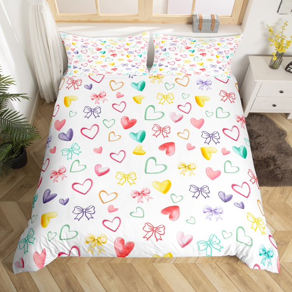 Watercolor Bow Duvet Cover Set Rainbow Love Hearts Comforter Cover,Colorful Princess Bow Knot Bedding Sets Full,Cute Ribbon Bowknot Bed Set Girly Cute Room Decor Aesthetic Kawaii(No Comforter)