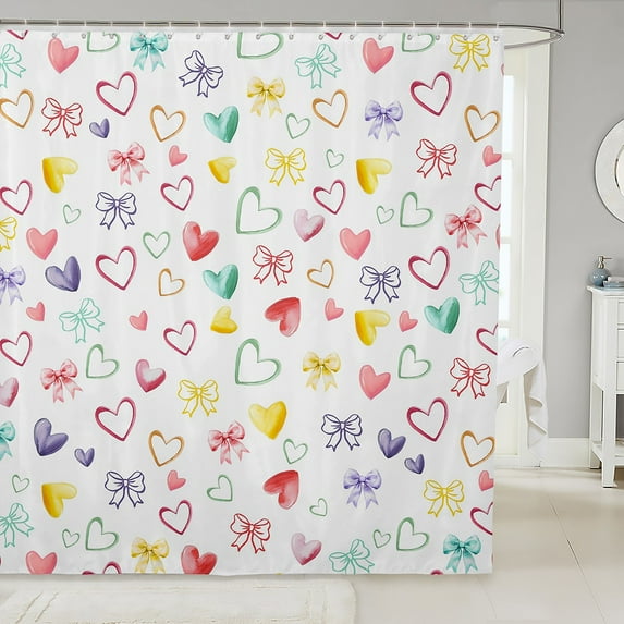 Watercolor Bow Shower&nbsp;Curtain Set Rainbow Love Hearts Colorful Princess Bow Knot Bath&nbsp;Curtain 72"Wx84"L