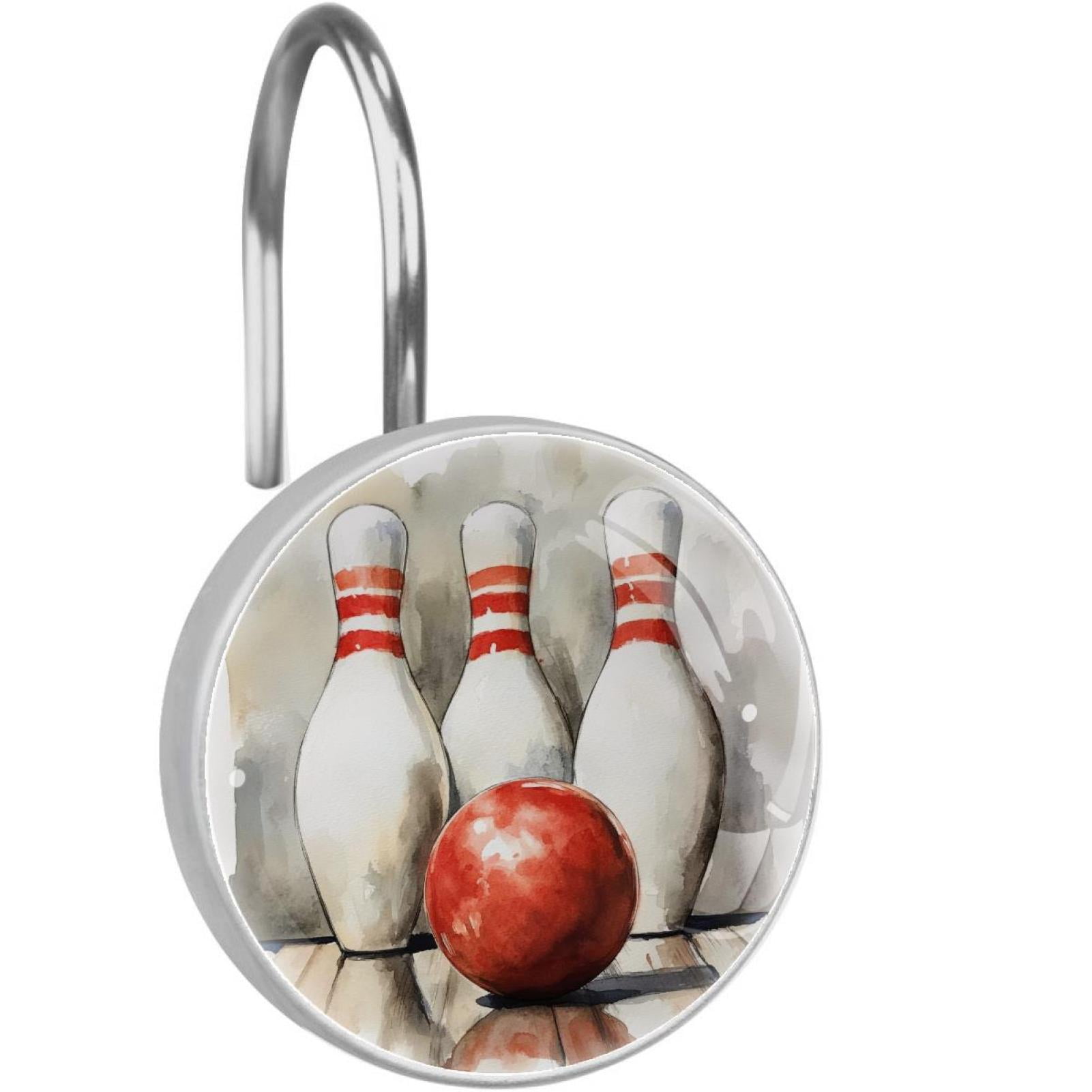 Watercolor Bowling Pins Ball Shower Curtain Hooks Round Crystal Glass, Set of 12 Shower Curtain Rings - Shower Hooks for Curtain Shower Rings