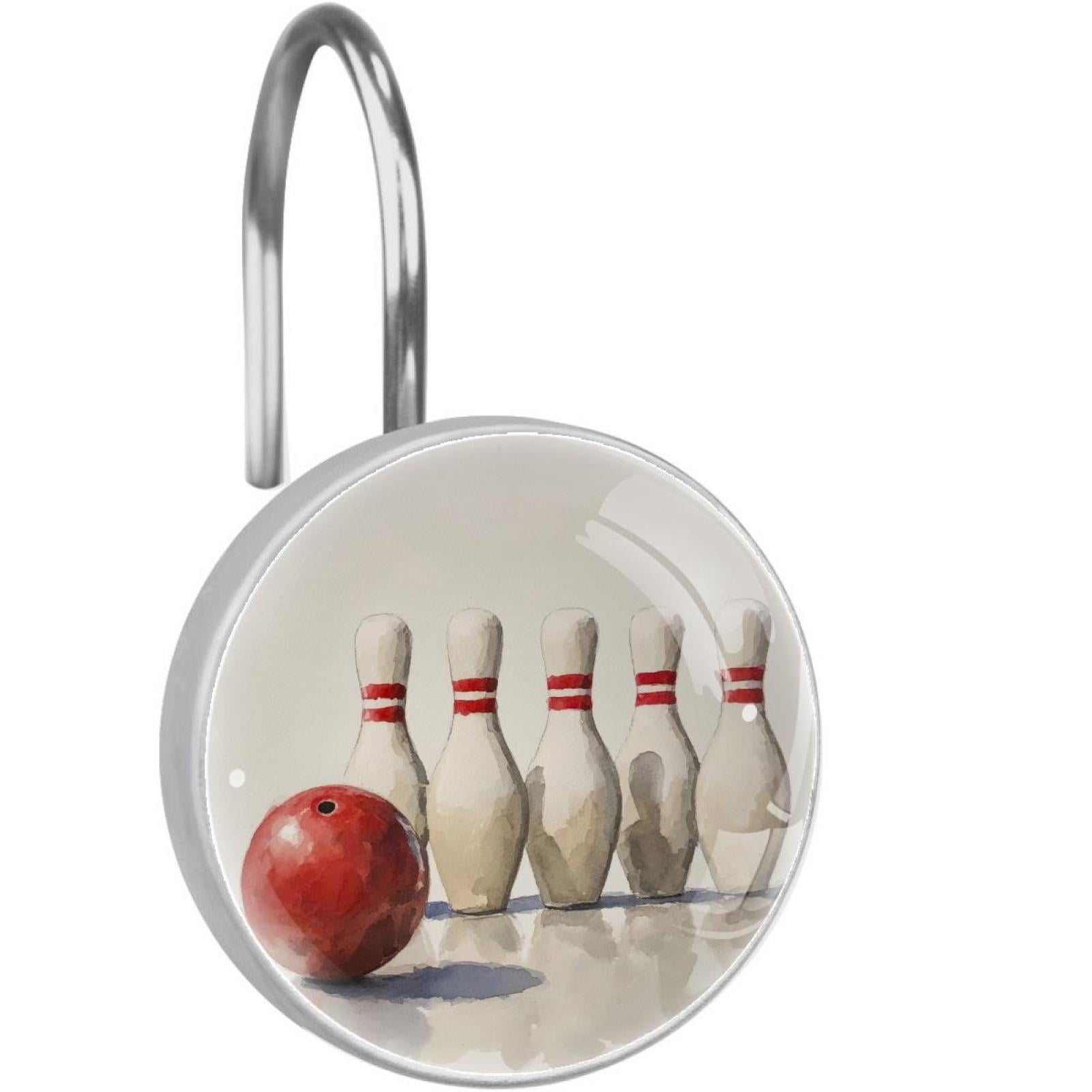Watercolor Bowling Pins and Ball Shower Curtain Hooks Round Crystal Glass, Set of 12 Shower Curtain Rings - Shower Hooks for Curtain Shower Rings