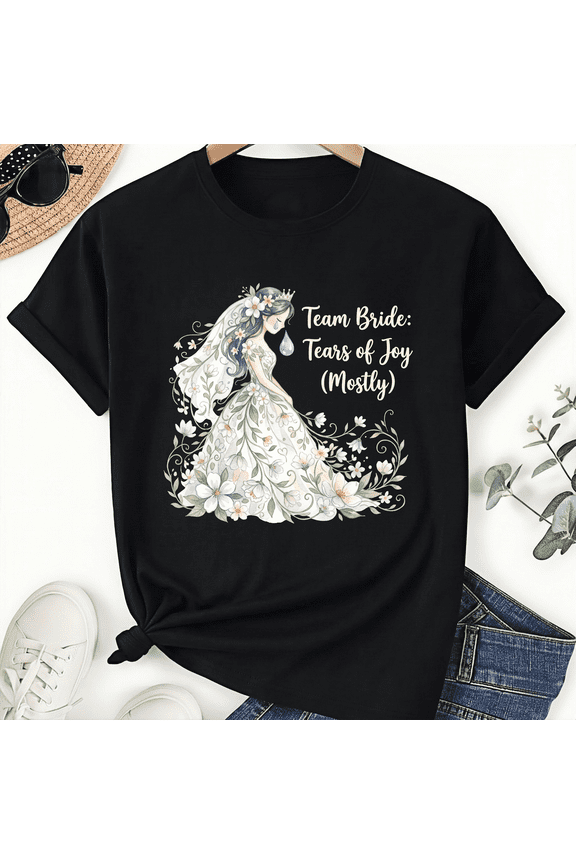 Watercolor Bride Team Graphic Tee Tears of Joy Mostly Flower Gown Short Sleeve Casual T-shirt
