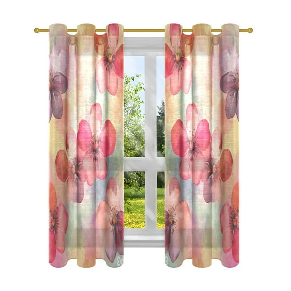 Watercolor Bright Pink Flowers Semi Sheer Curtains for Living Room Bedroom Set of 2 Insulated Window Drapes