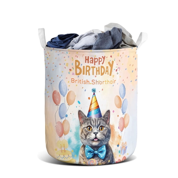 Watercolor British Shorthair Happy Birthday Celebration Balloons Gift Party Foldable Laundry Basket Cat Lover Kitten Owner Gifts Organizer Storage with Handles - 00028