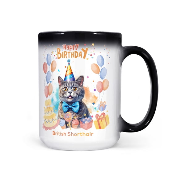 Watercolor British Shorthair Happy Birthday Celebration Balloons Gift Party Heat Color Changing Mug Cat Lover Kitten Owner Gifts Magic Coffee Mug - 00028