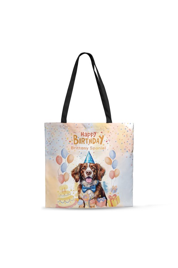 Watercolor Brittany Spaniel Happy Birthday Celebration Balloons Gift Party All Over Print 3D Canvas Tote Bag Brittany Dog Lover Gifts Idea Reusable Handbag - 00028