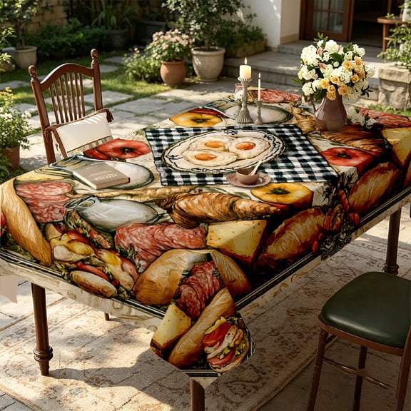 Watercolor Brunch Croissant Egg Cheese Print Tablecloth, Thanksgiving Holiday Family Gathering Soft Fabric Dining Decor, Thanksgiving Christmas Gift