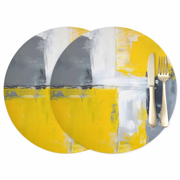 Watercolor Brush Leather Placemats Set of 2, 12 Inch, Gray Yellow Abstract Modern Graffiti Waterproof Oil-Proof Place Mats, Non-Slip Table Mats for Kitchen, Dining Room, Indoor Outdoor