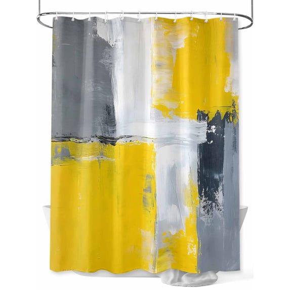 Watercolor Brush Shower Curtain, Gray Yellow Abstract Modern Graffiti Waterproof Shower Curtain Set with 12 Hooks Lightweight Washable Fabric Shower Curtains for Bathroom 60x72 Inches