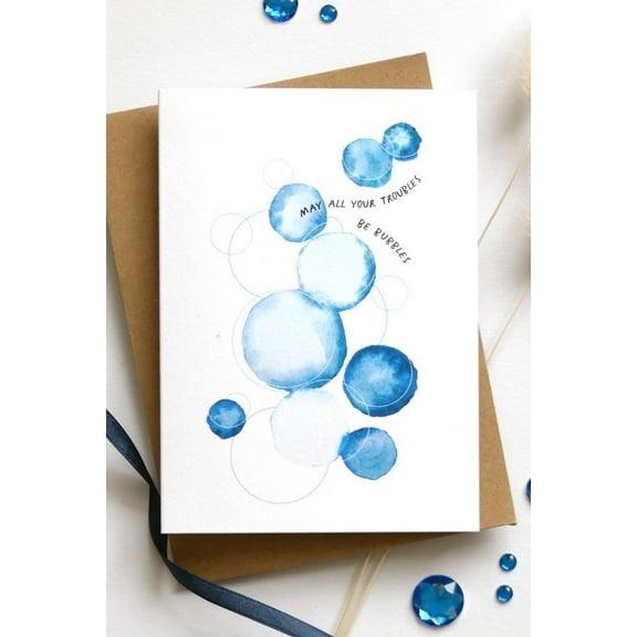Watercolor Bubble Greeting Card  "May All Your Troubles Be Bubbles"  Blank Inside  Includes Kraft Envelope  Perfect for Encouragement, Birthdays, and Cheerful Greetings