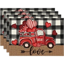 Watercolor Buffalo Plaid Hearts Truck Love Valentine Placemats Set of 4, 12x18 Inch Seasonal Spring Table Mats for Party Kitchen Dining Decoration