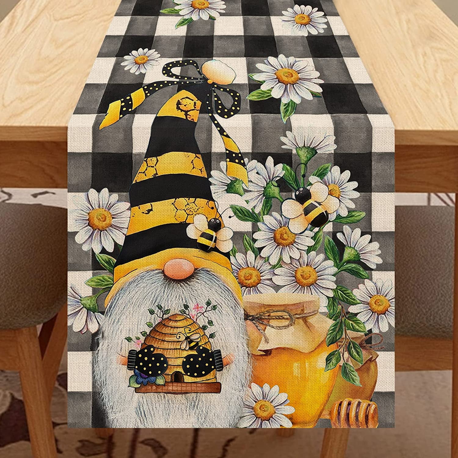 Watercolor Buffalo Plaid Sunflower Gnome Rectangle Table Runner Kitchen ...