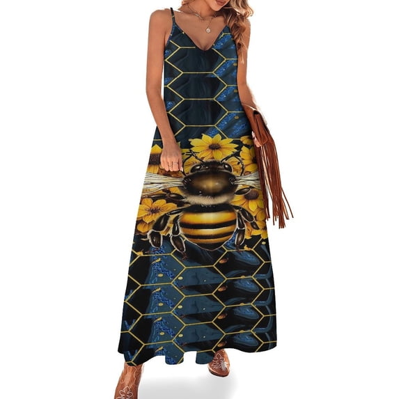 Watercolor Bumblebee With Yellow Sunflowers Sleeveless Dress Women's Evening Dress Womans Clothing