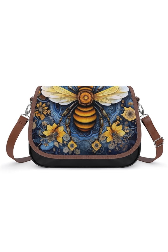 Watercolor Bumblebee Yellow Sunflowers Vintage Crossbody Bag for Women Medium Leather Hobo Bags Shoulder Bag Classic City Leather Satchels