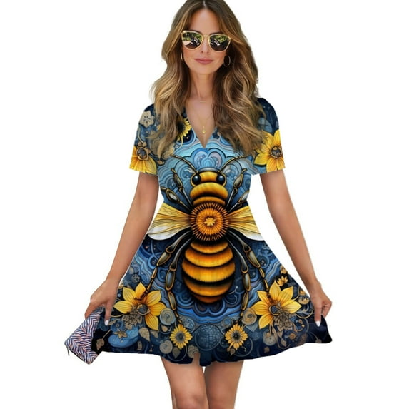 Watercolor Bumblebee Yellow Sunflowers Women Dress V-Neck Short Sleeve Flowy Swing Party Midi Dress