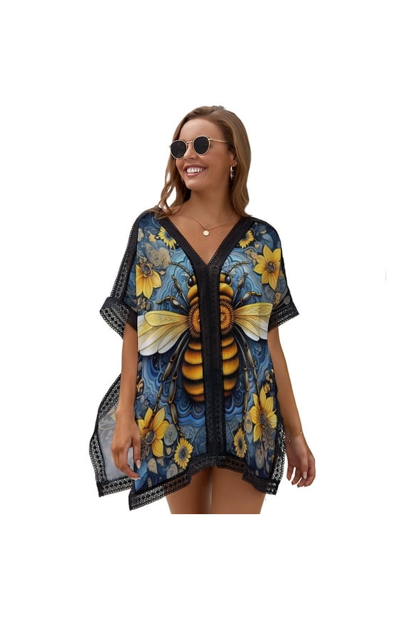 Watercolor Bumblebee Yellow Sunflowers Women's Swimsuit Coverup Summer Beach Cover Up Bathing Suit Dress