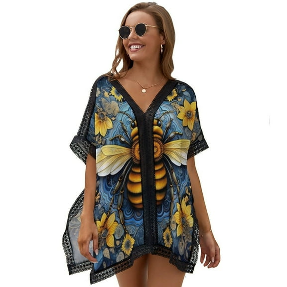 Watercolor Bumblebee Yellow Sunflowers Women's Swimsuit Coverup Summer Beach Cover Up Bathing Suit Dress
