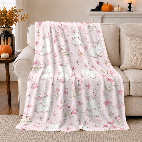 Watercolor Bunnies with Blossoms and Butterflies, Delicate Spring Style for Bunny Lovers, Pink Sofa Autumn Scene and Easter Gift, Cozy Flannel Blanket for Bedroom and Living Room, Home Decor