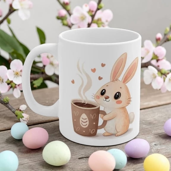 Watercolor Bunny Coffee Mug, Easter Spring Drinkware, Kawa Animal Lover Cup.jpg
