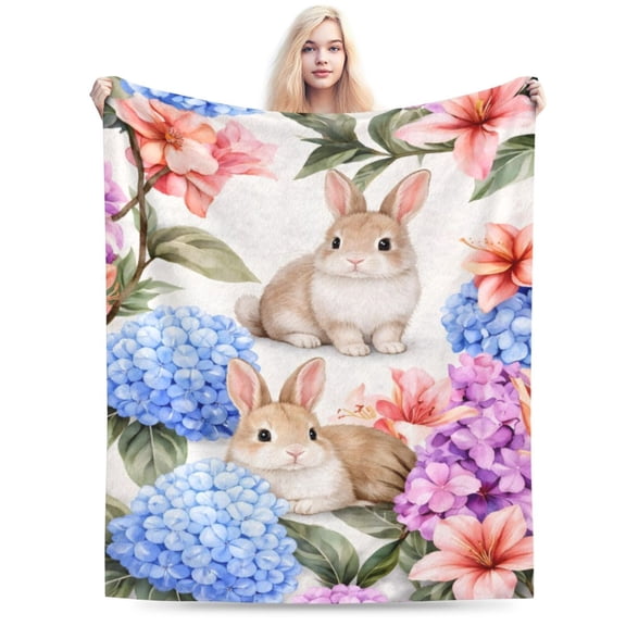 Watercolor Bunny Floral Blanket Spring Garden Art Easter Holiday Gift Soft Cozy Fleece Throw Blanket 50x40