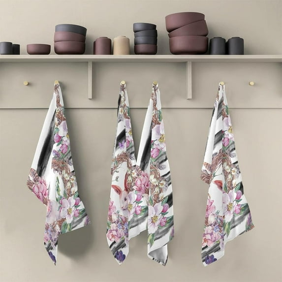 Watercolor Bunny Flower Wreath Kitchen Tea Towels Set of 6 Absorbent Hand Dish Towels, Spring Easter Dishcloths Lint-Free 18x28 Inch Fast Drying for Cooking Baking Home Clean