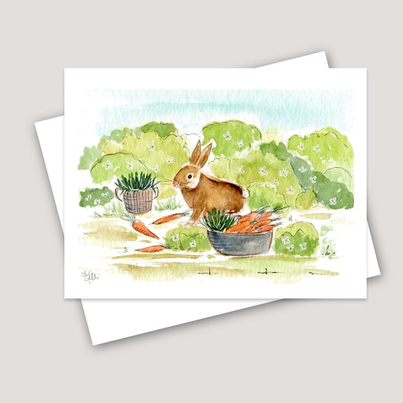 Watercolor Bunny Greeting Card, Rabbit with Carrots Garden Illustration, Blank Note Card for Spring or Easter, Whimsical Animal Stationery