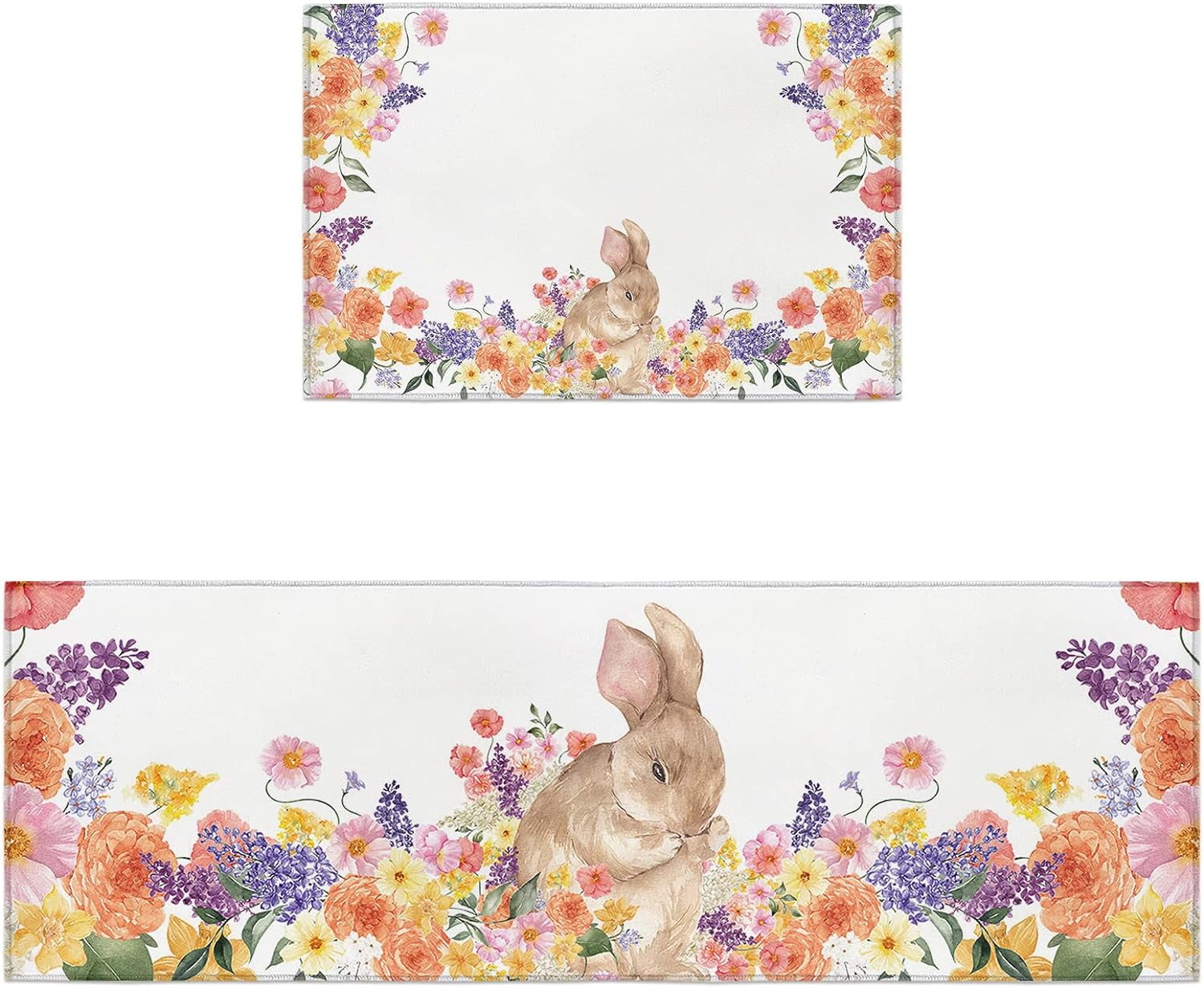 Watercolor Bunny Happy Easter Kitchen Rugs , Elegant Floral Flower