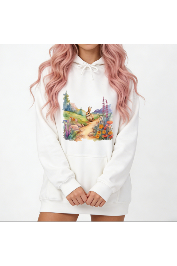 Watercolor Bunny Trail Graphic Sweatshirt Womens Print Sweatshirt Black Hoodie Mountain Flower Rabbit Design S-2XL Comfy Casual Wear Tops