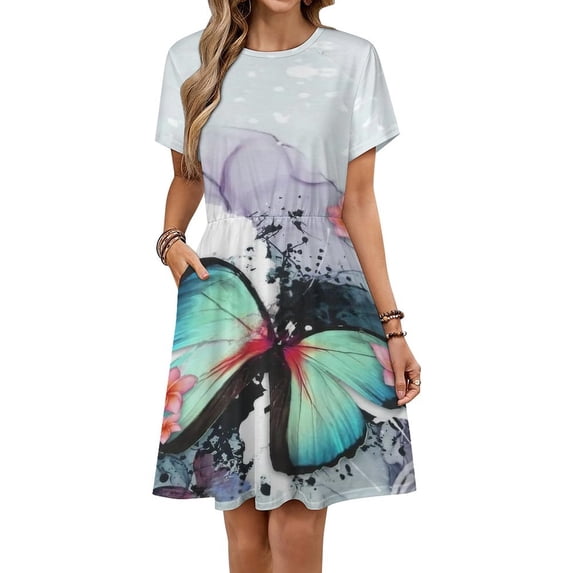 Watercolor Butterflies And Flowers Dress Summer Street Style Dresses Female Short Sleeve Printed Sundress