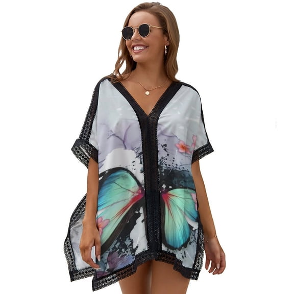 Watercolor Butterflies And Flowers Women's Swimsuit Coverup Summer Beach Cover Up Bathing Suit Dress