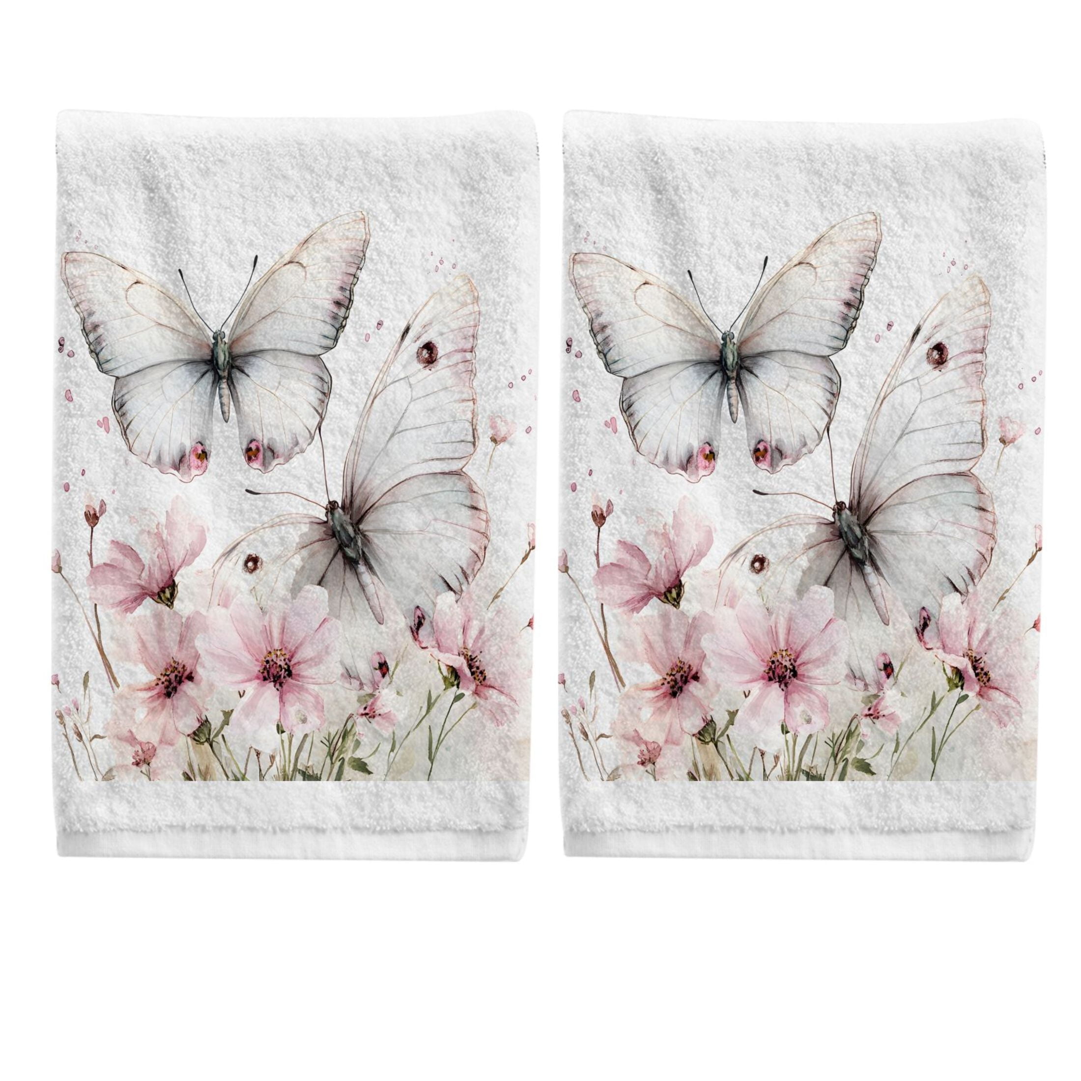 Watercolor Butterflies Flower Hand Towels Set for Bathroom Cotton Face Towel Decorative 15.5x29.5 inch